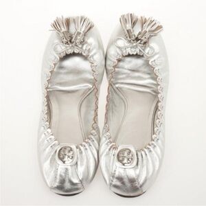 Tory Burch Silver Leather Tasseled Ballet Flats